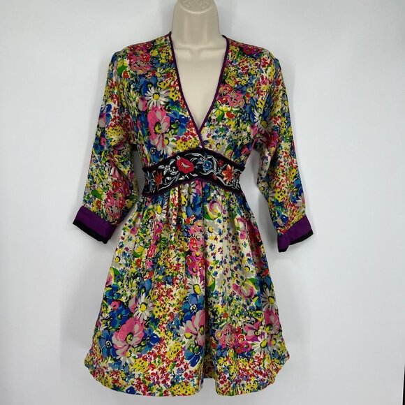 Johnny was Kimono Tunic Dress Colorful Floral Tie Back Silk Vibrant Small. - Picture 2 of 13